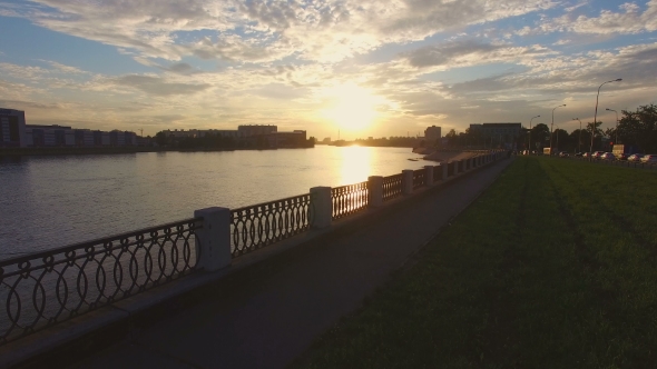 Aerial View of the Embankment of the River Neva at Sunset