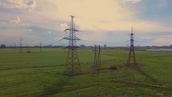 Aerial View Of High Voltage Pylons And Power Lines
