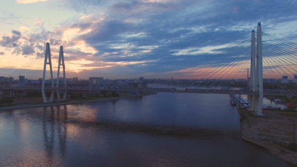 Beautiful Aerial View Of Cable-stayed Bridge Across The Neva River