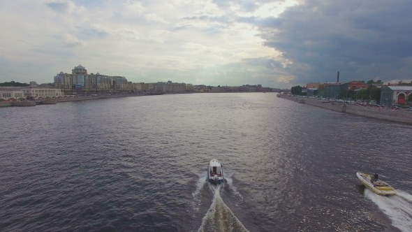 Aerial View Of Two Boats Sailing On The River Neva alt