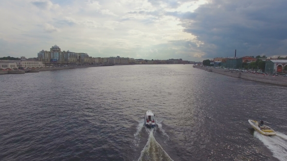 Aerial View Of Two Boats Sailing On The River Neva