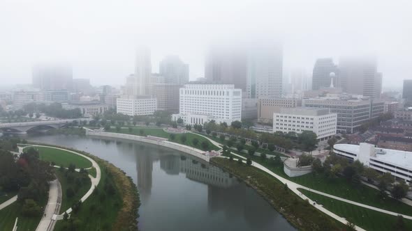 Columbus Ohio skyline on a foggy morning, aerial drone alt