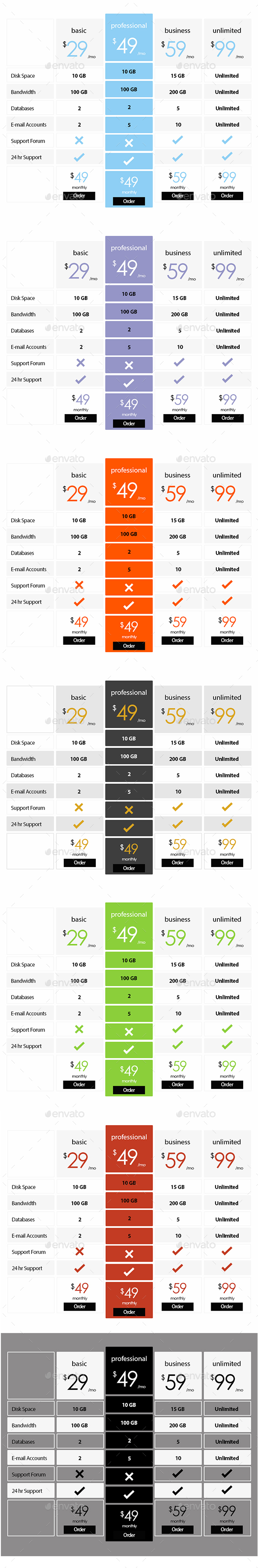 Price Table Set - Tables Web Elements