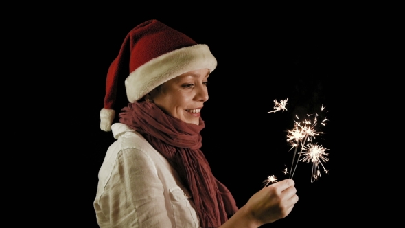 Pretty Woman In Red Christmas Santa With Sparklers