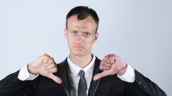 Thumbs Down by Both Hands, Market Crisis, Business Loss Reaction, Gesture by Businessman alt