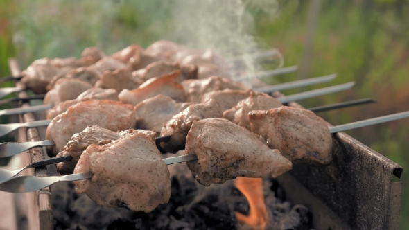 Barbecue Skewers With Meat Cooking On The Grill