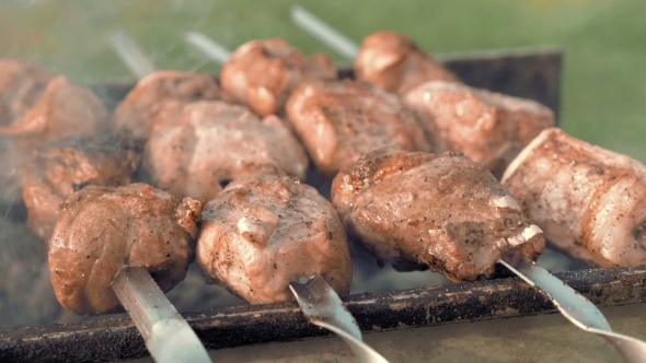 Barbecue Skewers With Meat Cooking on the Grill