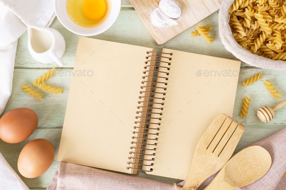 Open Recipe Book On Green Wooden Table With Copy Space Stock Photo By Kitzstocker