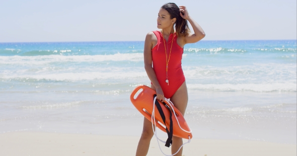Side View On Woman In Red With Buoy alt