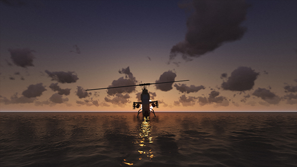Military Helicopter Hovering Over Sea At Sunset