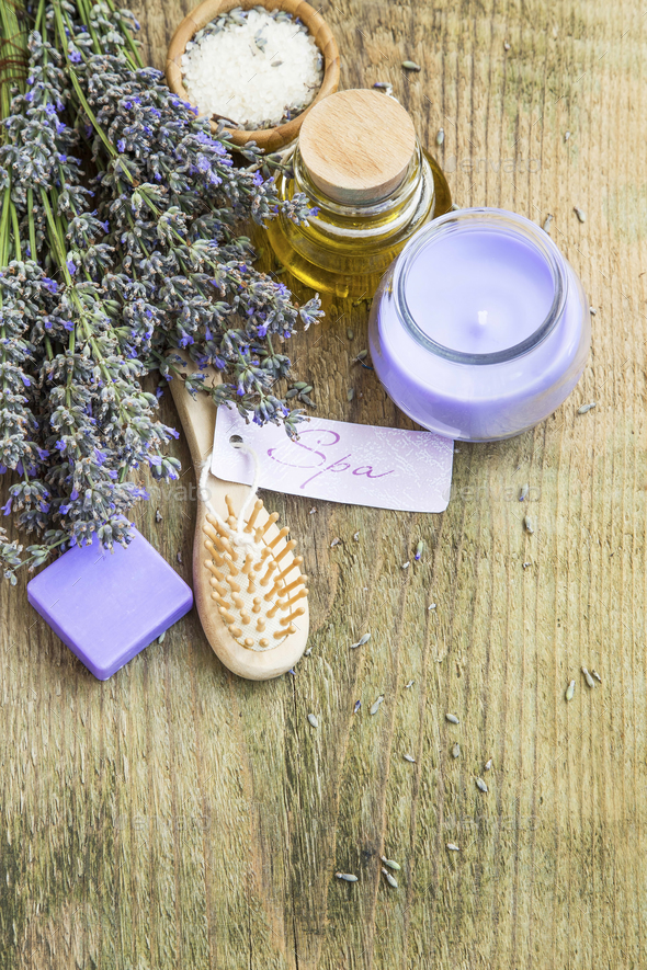 Lavender spa still life with label, candle, flowers and body-car