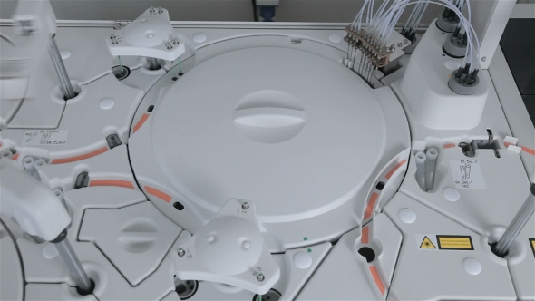 Robotic Armworks With Medical Analysis, Test In Pharmaceutical Factory. alt