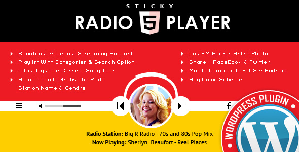 sticky radio player wordpress plugin full width shoutcast and icecast html5 player