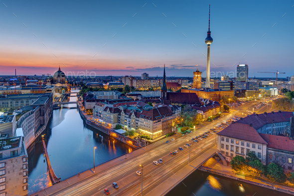 The Berlin skyline at the blue hour - Stock Photo - Images
