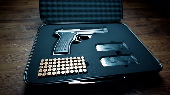 Military case with a pistol, bullets and magazines. Box with a weapon and ammo. alt