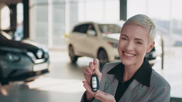 Beautiful Caucasian Female Blond Woman Business Woman Showing Car Keys After alt