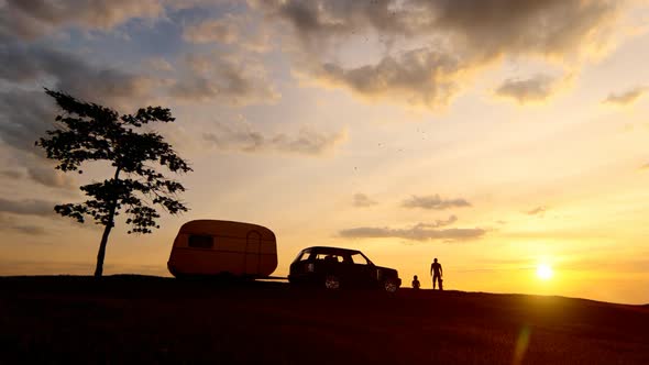 Family Camping with Caravan in Sunset View