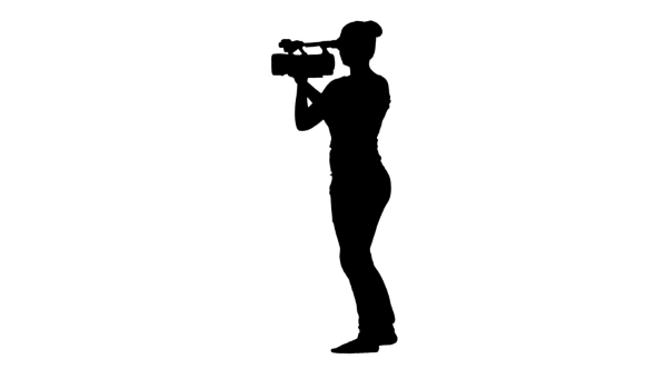 Girl Operator Makes Videotaping, Holding Camera In Hands. Silhouette. White alt