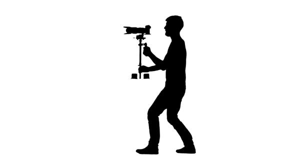 Using The Camera Operator To Install Steadicam. Silhouette. White Background alt