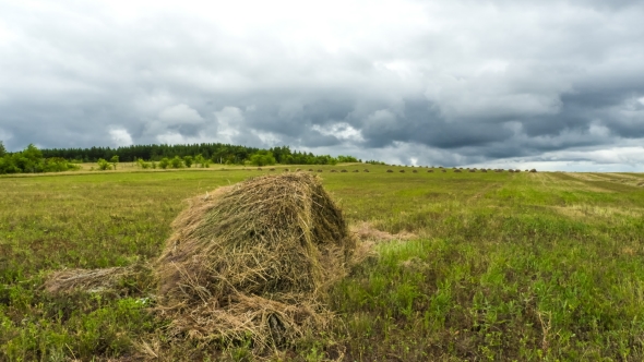 Haystack In The Field Of Clouds In The Sky, Farmers Cleaning Hay Harvest alt