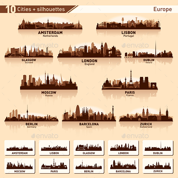 City Skyline Set Europe Silhouettes - Buildings Objects