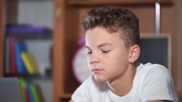 Teen Boy Working On Laptop