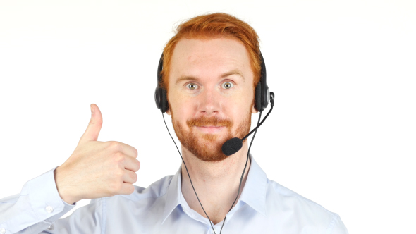 Thumb Up by Smiling Call Center Operator w/ Red Hairs and Beard alt
