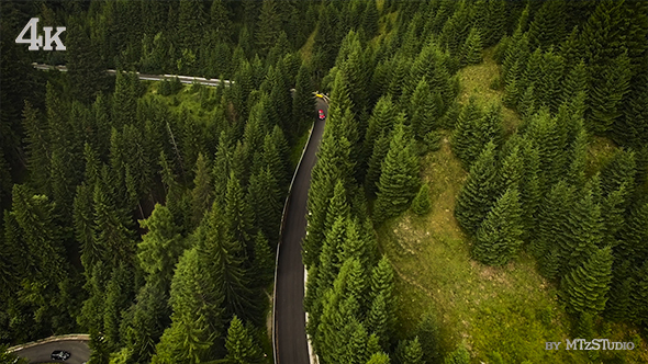 Car Driving on the Forested Road in the Mountains