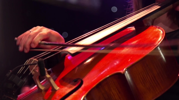 Musician Hand Playing The Cello On Concert Stage With a Lot Of Colleagues. alt