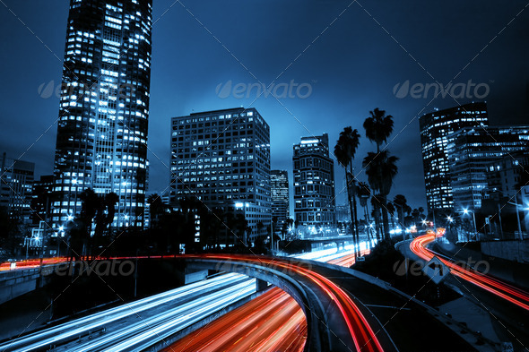 Los Angeles, Urban City at Sunset with Freeway Trafic - Stock Photo - Images
