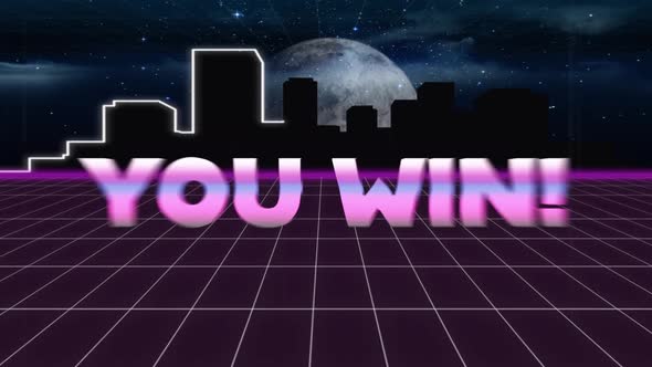 Animation vintage video game screen with metallic words you win written alt