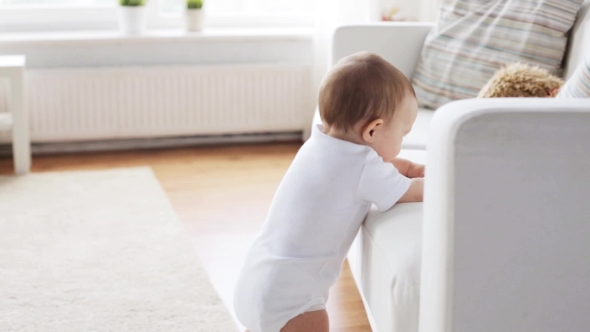Little Baby Standing And Holding To Sofa At Home 5 alt