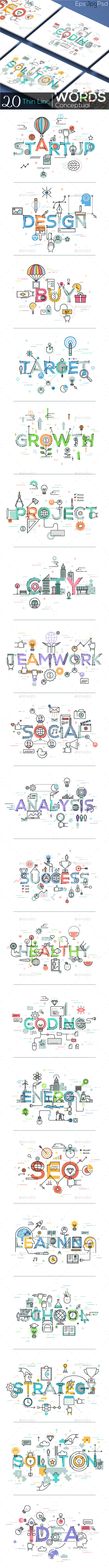 20 Thin Line Conceptual Words. Part 1 - Web Elements Vectors