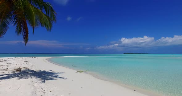 Tropical fly over copy space shot of a white sand paradise beach and turquoise sea background alt