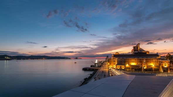 Elevated View of the Padrao Dos Descobrimentos Monument To the Discoveries Day To Night Timelapse alt
