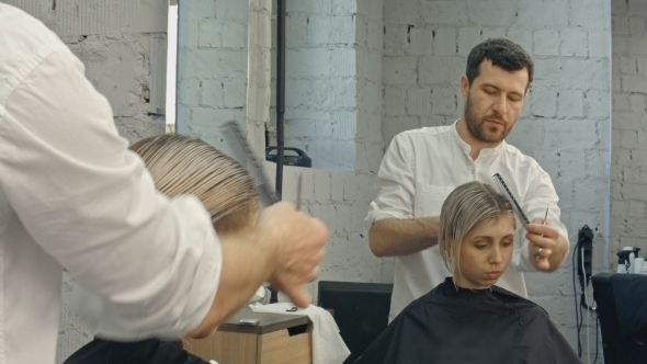 Professional Hairdresser With Short Hair Model, Stock Footage | VideoHive