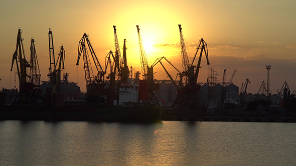 Cranes At the Port Illuminated the Evening Sun