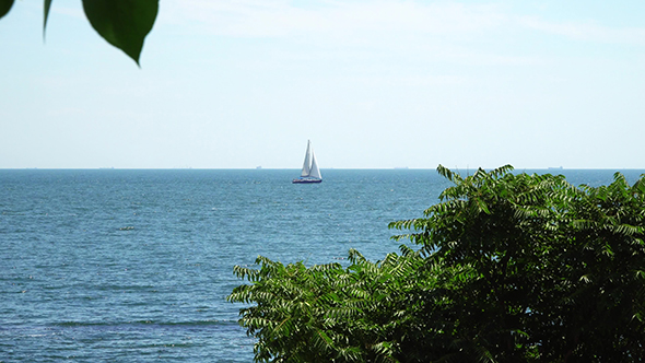 The Yacht is Under Sail Floats in the Sea. View From the Shore