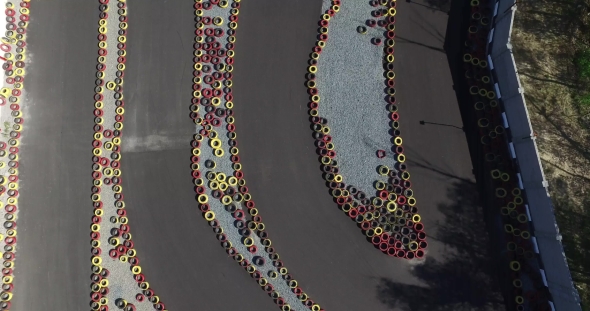 Karting Racing Round The Track. Overhead Shot alt