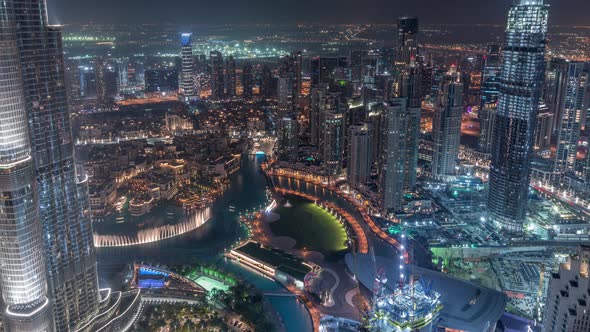 Amazing Aerial View of Dubai Downtown Skyscrapers Night Timelapse Dubai United Arab Emirates alt