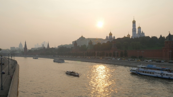 Sun Is Reflecting In River, Boats Floating, Pan Of Capital Of Russia From Bridge
