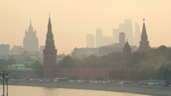 Panorama Of Moscow In Summer Sunset With Smog