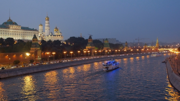 Pleasure Craft Moving Over Moscow River In Twilight Time