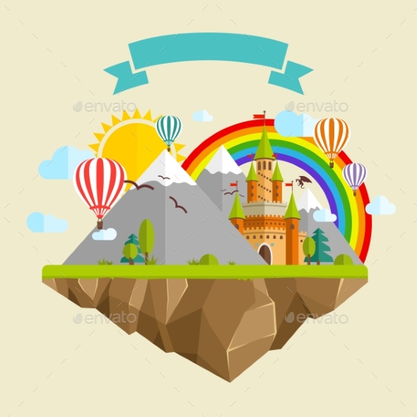 Flying Island With Fairy Tale Castle, Balloons - Nature Conceptual