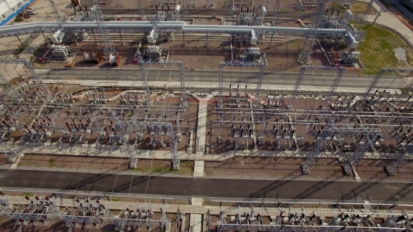 aerial view of the electrical power substation in the city alt