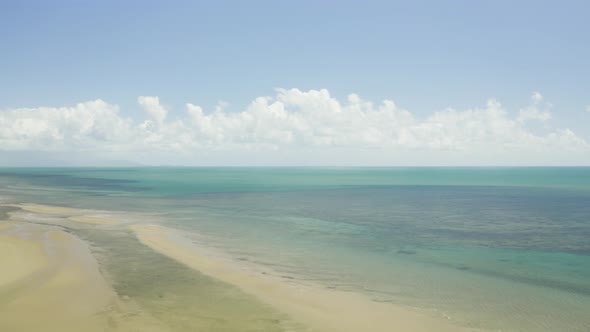 Aerial, Low Tide And Huge Sand Ocean Bed In Queensland Australia