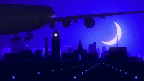 Lansing Michigan USA Airplane Landing Skyline Moonlight Night alt