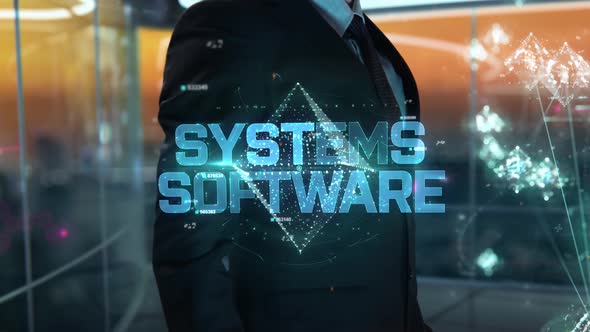 Businessman with Systems Software Hologram Concept alt