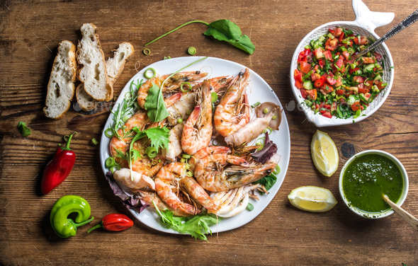 Plate of roasted seafood with fresh leek - Stock Photo - Images