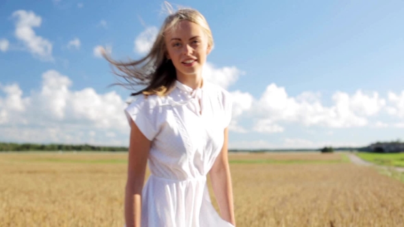 Smiling Young Woman In White Dress On Cereal Field 16 alt